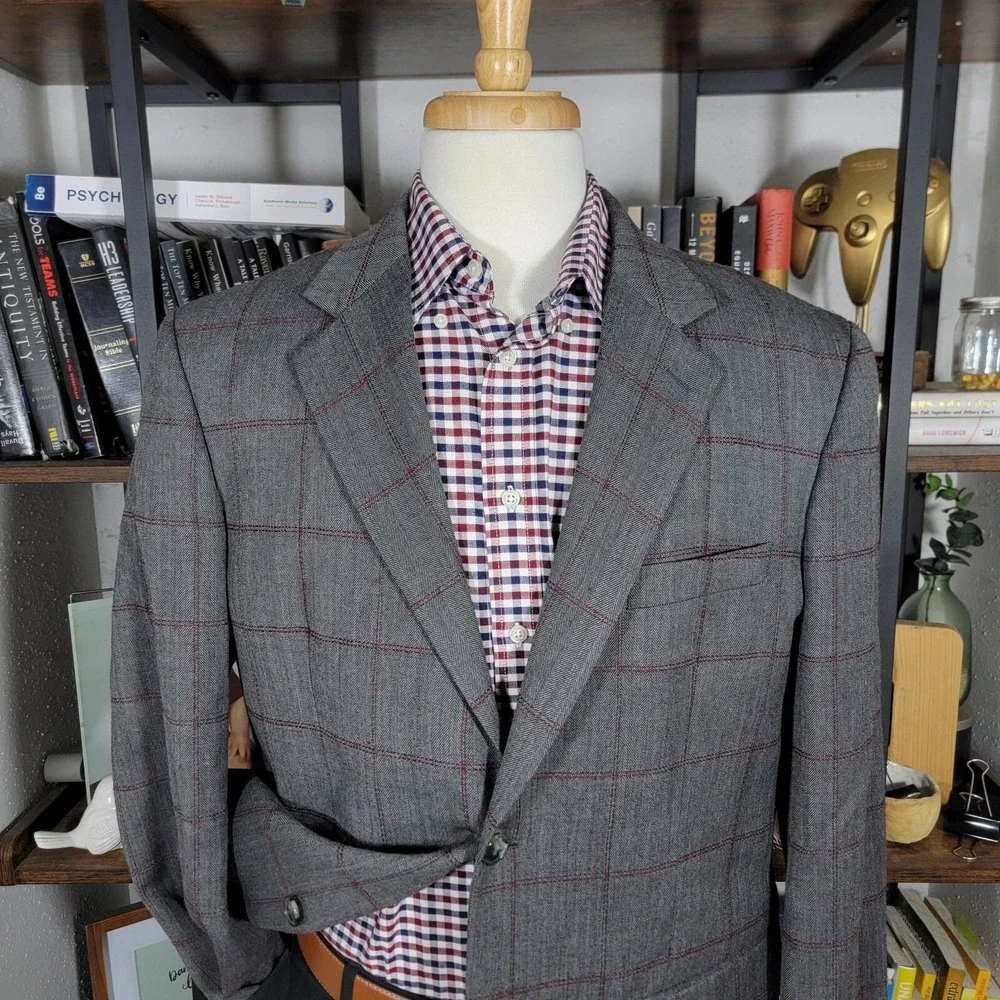 Tasso Elba Men's Sport Coat Gray Herringbone Plaid‎ Poly Wool Size Large 42-44